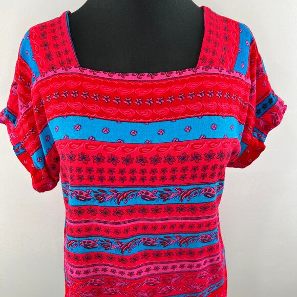 Finn & Grace Jersey Pink Red Blue Boho Patchwork Printed Short Sleeve Blouse 8 - Picture 2 of 6